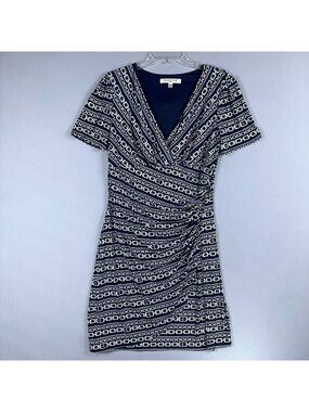 Evan Picone Wrap Dress Navy White Geomatric Chain Print Women Size 14